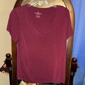 American Eagle Outfitters Women's Maroon Short Sleeve Top